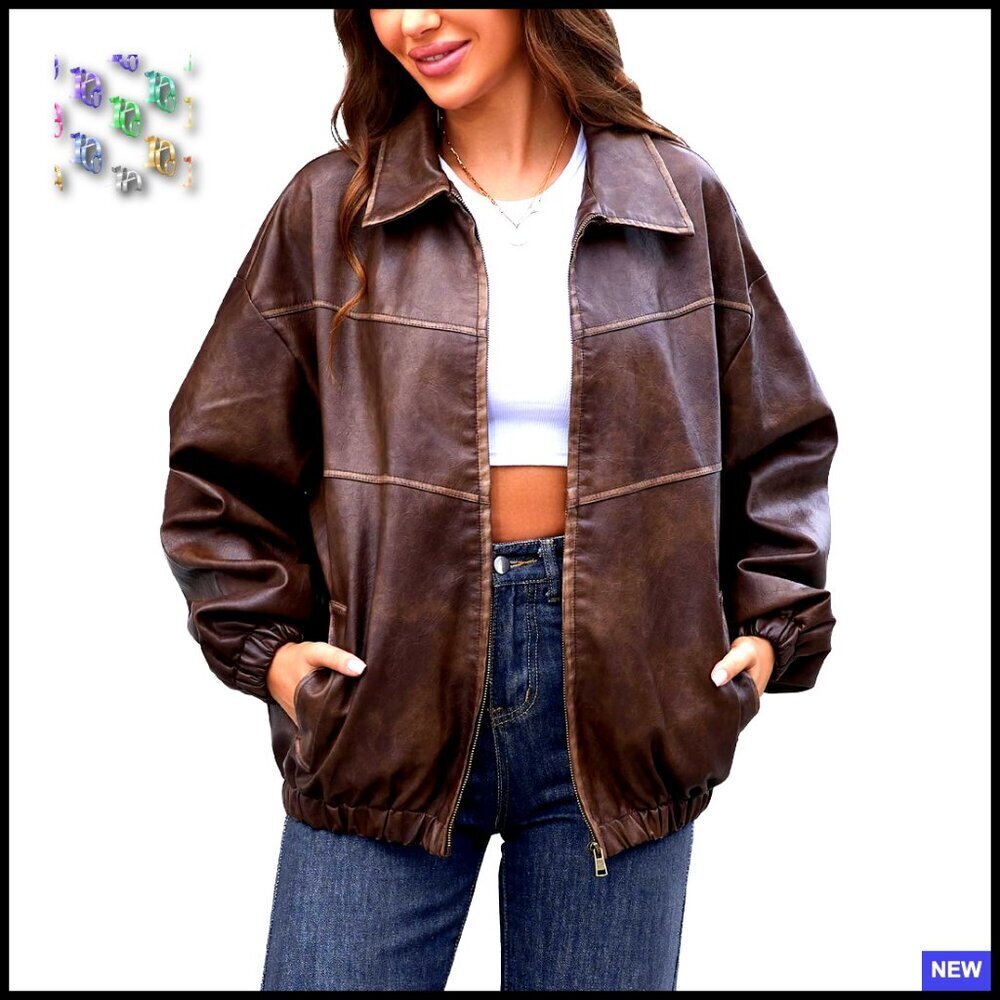 Oversized Faux Leather Bomber Jacket Y2K Vintage Motorcycle Style Loose Fit